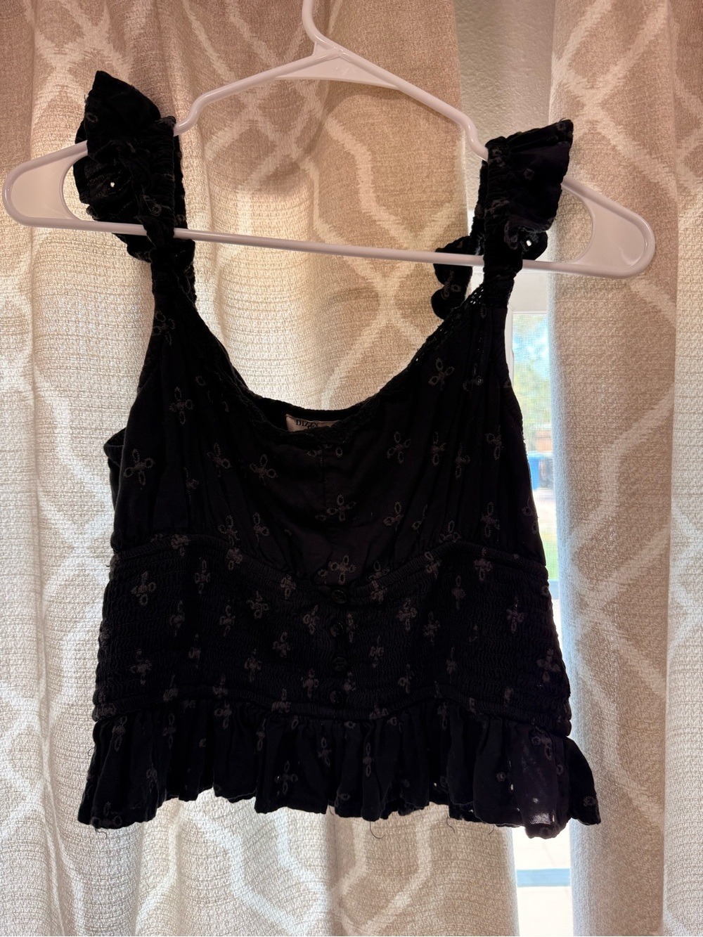 Dizzy Black Ruffled Smocked Tank with Embroidered Detail